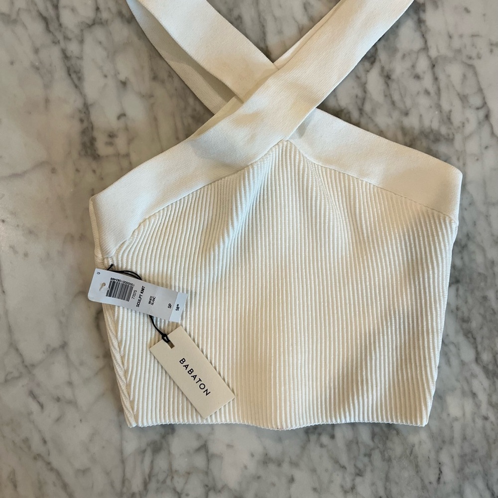 Babaton White Ribbed Cross-Back Top